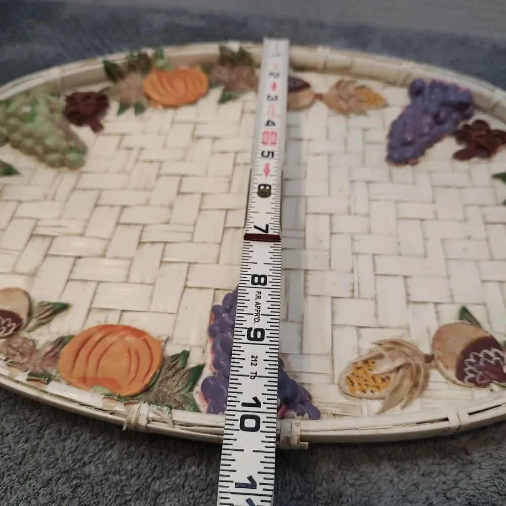 Vtg Woven Basket Platter Fall Fruit Pumpkins Clay Hand Painted Multi Use 14